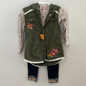 Little Lass 3 piece set forest green/denim/tan vest set flower/lace 24 month